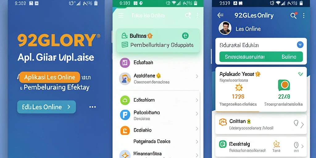 Tampilan antarmuka aplikasi Les Online 92GLORY yang interaktif.